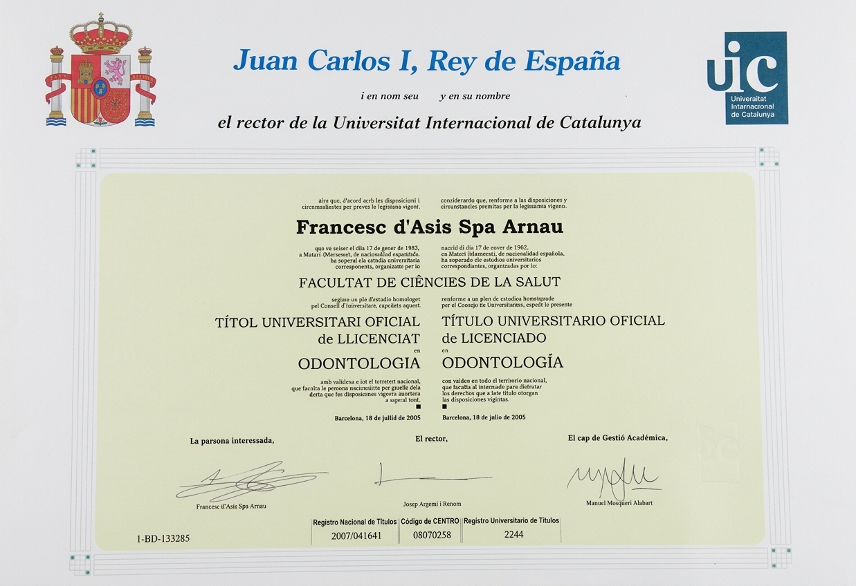 Diploma d'Odontòleg del Dr. Francesc Spà Arnau