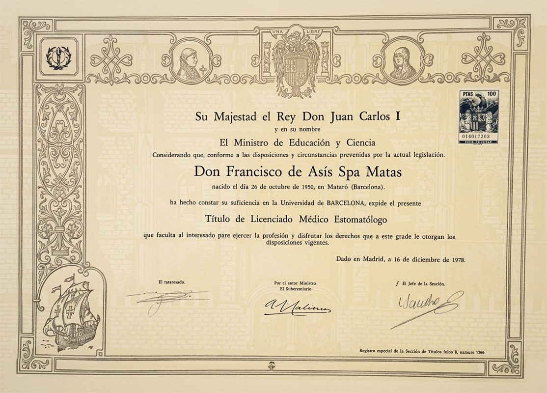 Diploma d'Odontòleg del Dr. Francesc Spà Matas