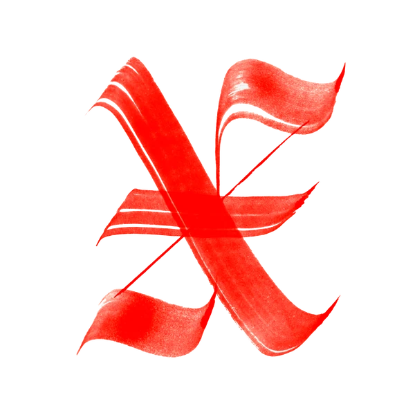 Letter X in red blackletter calligraphy with a broad-nib pen