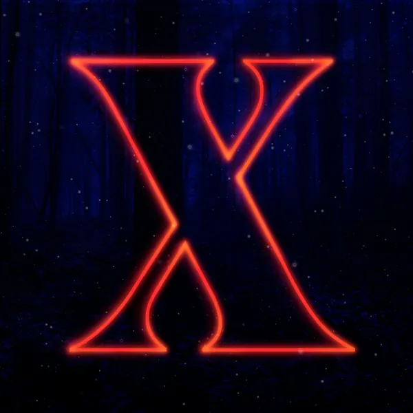 Letter X with serifs in a red neon outline, Stranger Things style