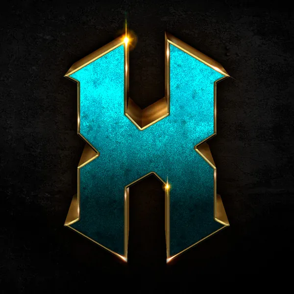Letter X beveled in turquoise and gold, video game title style