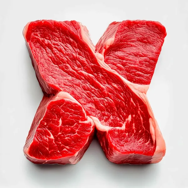 Letter X cut from raw red meat