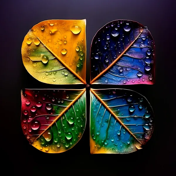 Letter X made of four colorful leaves with water drops