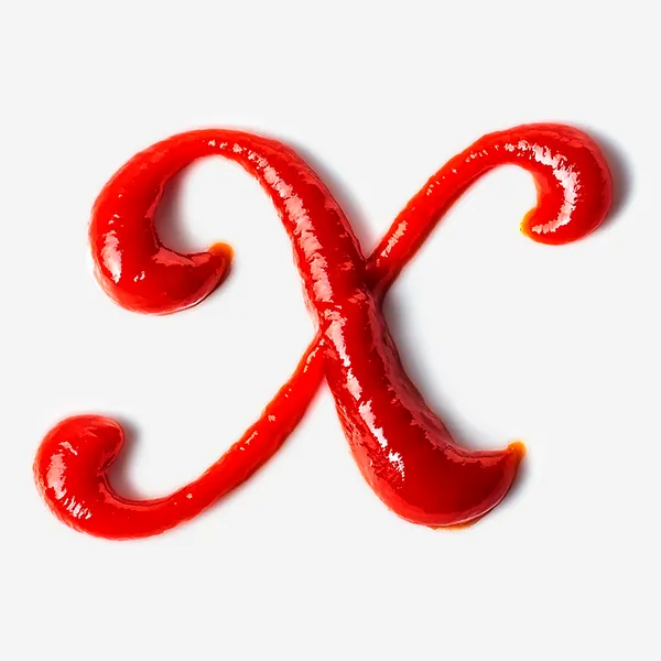 Letter X in script, drawn with ketchup