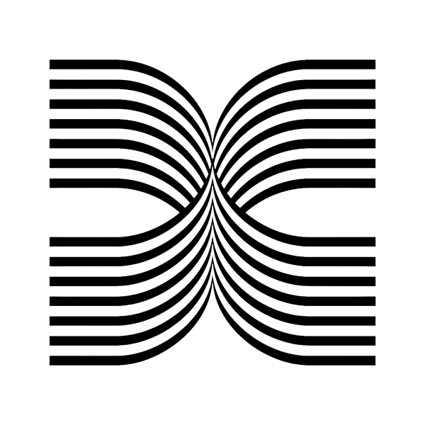 Letter X built from curved black parallel lines, Op Art style