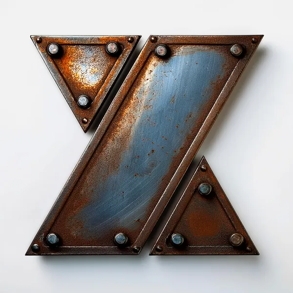 Letter X built from riveted rusty metal plates