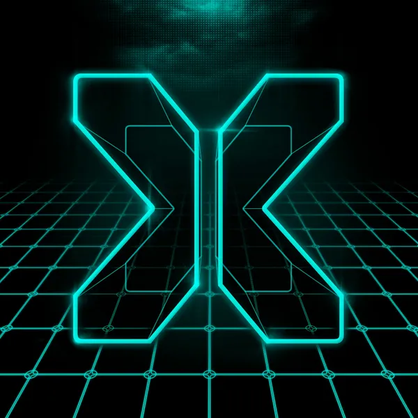 Letter X glowing cyan over a neon grid, Tron style
