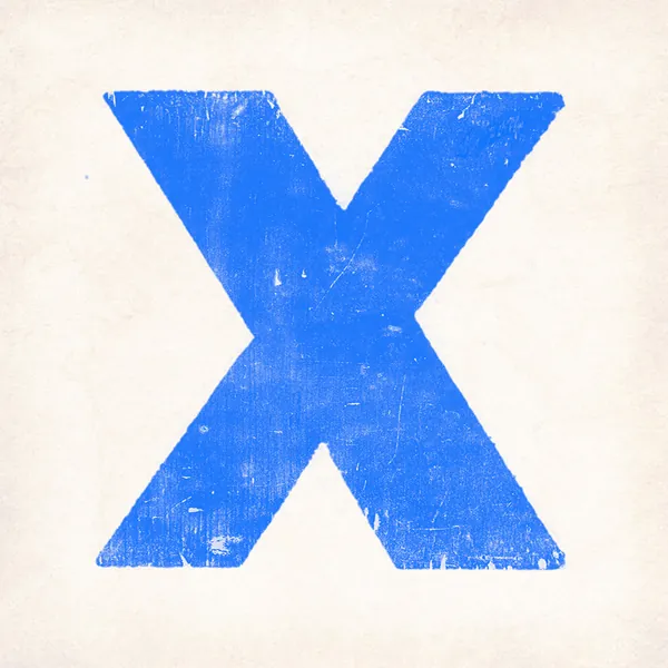 Letter X printed in blue wood type on cream paper
