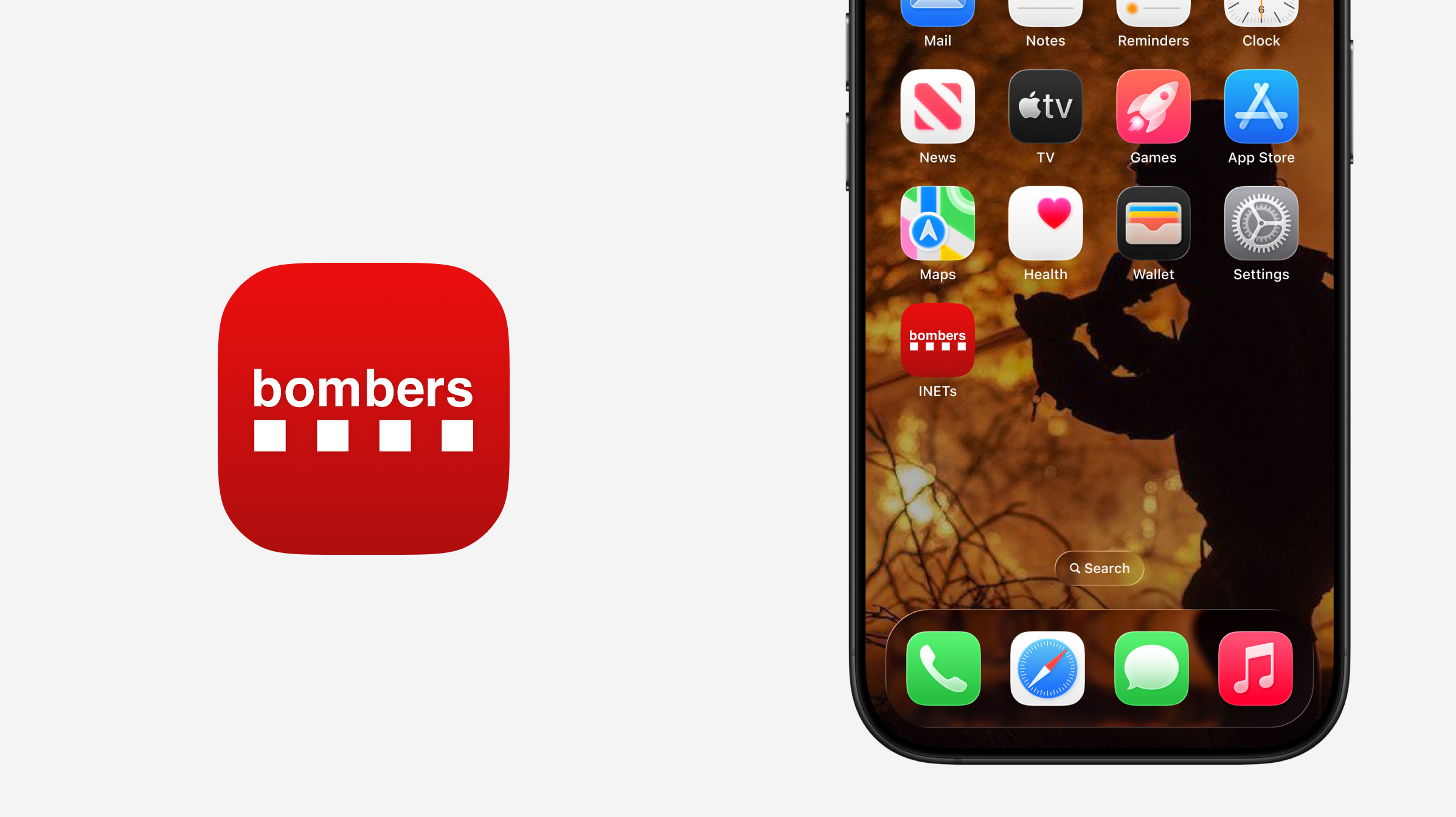 INT Control app icon: red rounded square with the white Bombers logo, shown alongside the icon installed on a smartphone home screen