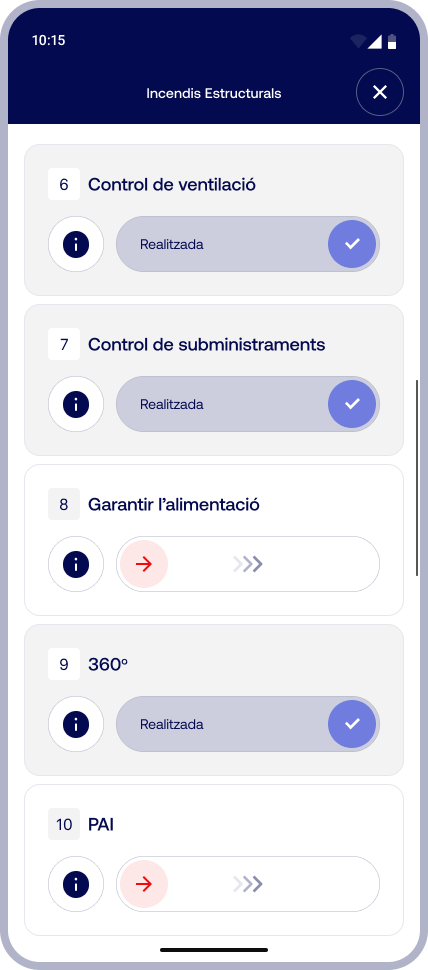 Structural Fires checklist: actions such as ventilation control, utilities control and 360° size-up, with completed and pending states