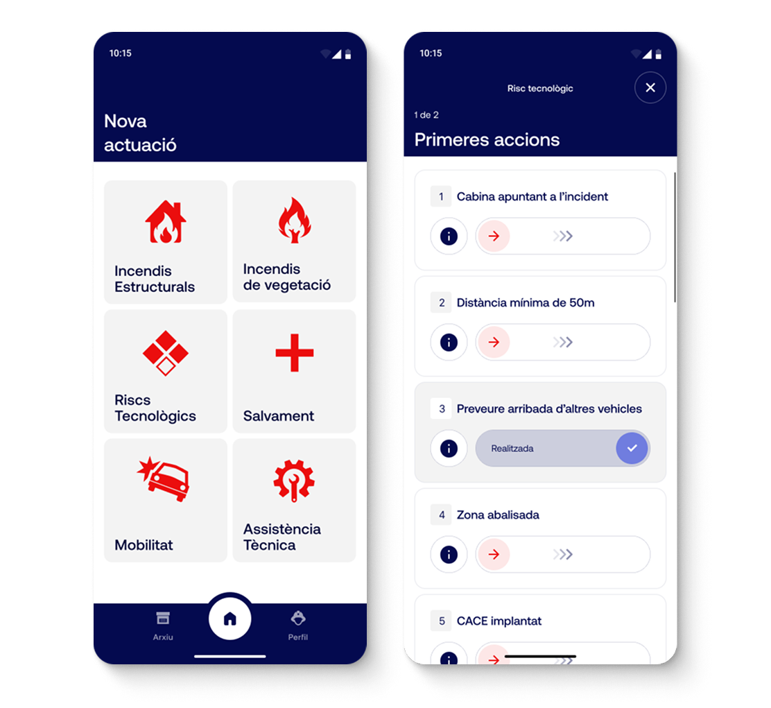 INT Control app shown on two smartphones: the new intervention screen with six intervention types and the Technological Risk first-actions checklist