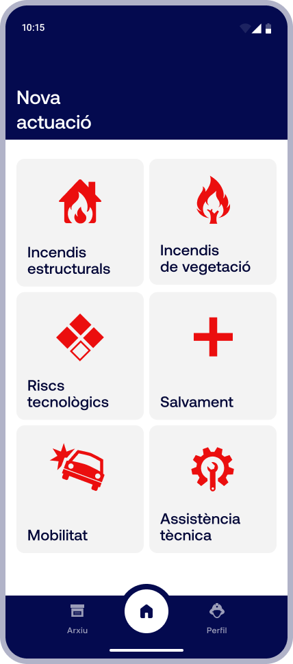 New intervention screen: a grid of six cards with red icons for structural fires, wildland fires, technological risks, rescue, mobility and technical assistance, above a bottom navigation bar with Archive, Home and Profile