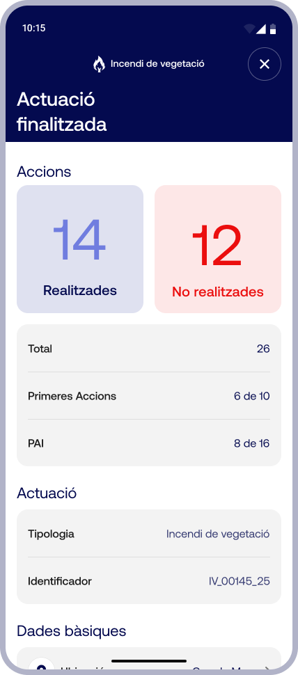 Intervention completed screen: two large counters showing completed and not completed actions, a breakdown by phase (first actions and PAI), and the intervention type and reference code