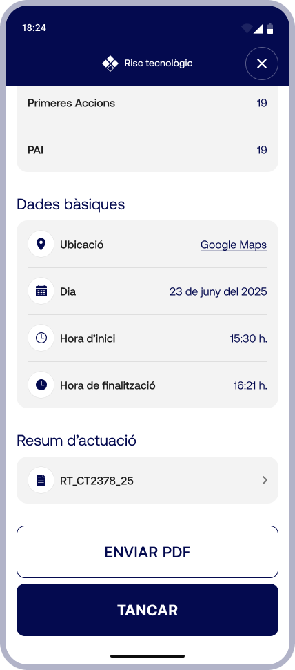 Report details: basic data with a Google Maps location link, date, start and end times, a link to the intervention summary, and Send PDF and Close buttons