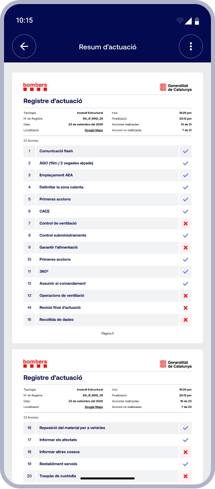 PDF preview of the intervention record on a mobile screen: a header with type, record number, date, location and start and end times, followed by a numbered list of actions, each marked with a check if completed or a red cross if not