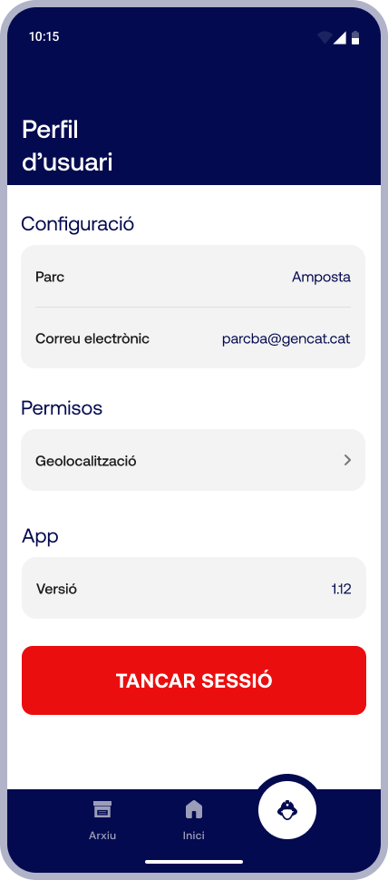 User profile screen: settings with the assigned fire station and email, a geolocation permission option, the app version and a Log out button