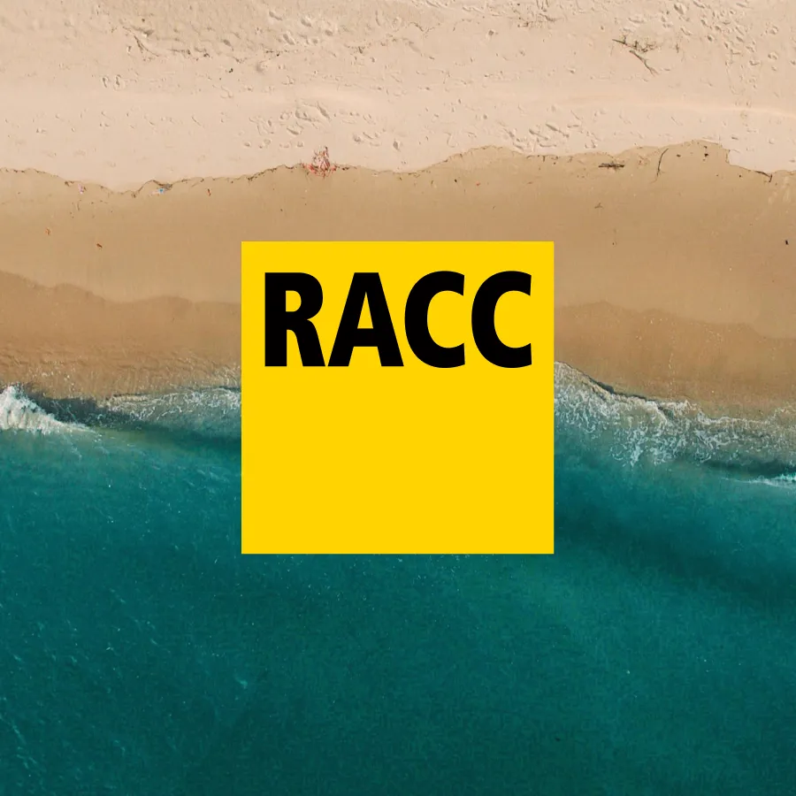 RACC logo on a yellow square over an aerial view of a beach and turquoise sea