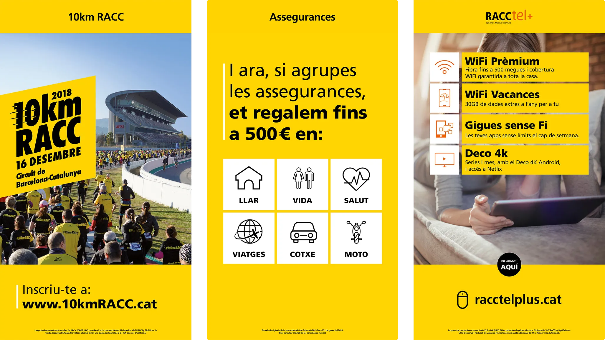Three vertical RACC screens: the 10km RACC race registration, an insurance bundle offer with up to 500 euros back, and the RACC tel+ internet, mobile and TV services