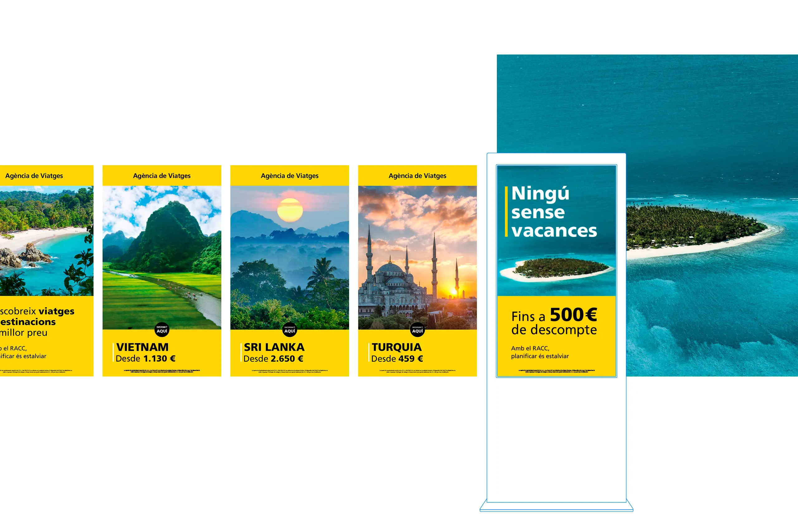 Sequence of RACC travel agency screens with destination offers for Vietnam, Sri Lanka and Turkey, ending on a totem showing a discount of up to 500 euros