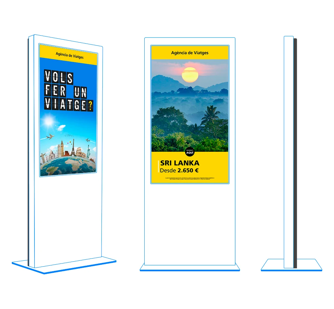 Freestanding RACC digital signage totem shown in three views (angled, front and side), displaying travel agency campaigns on its vertical screen