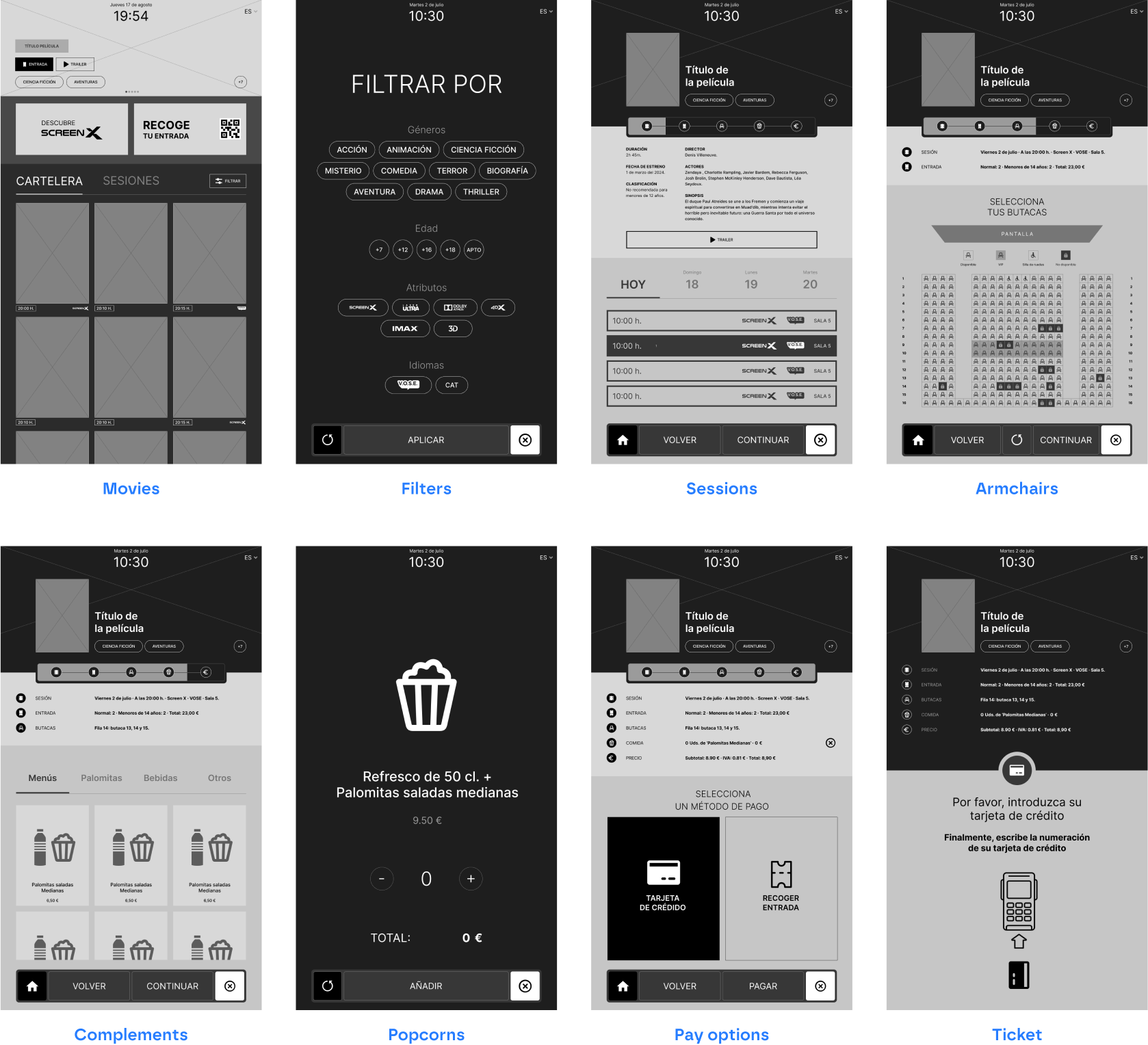 Wireframes for a digital cinema kiosk