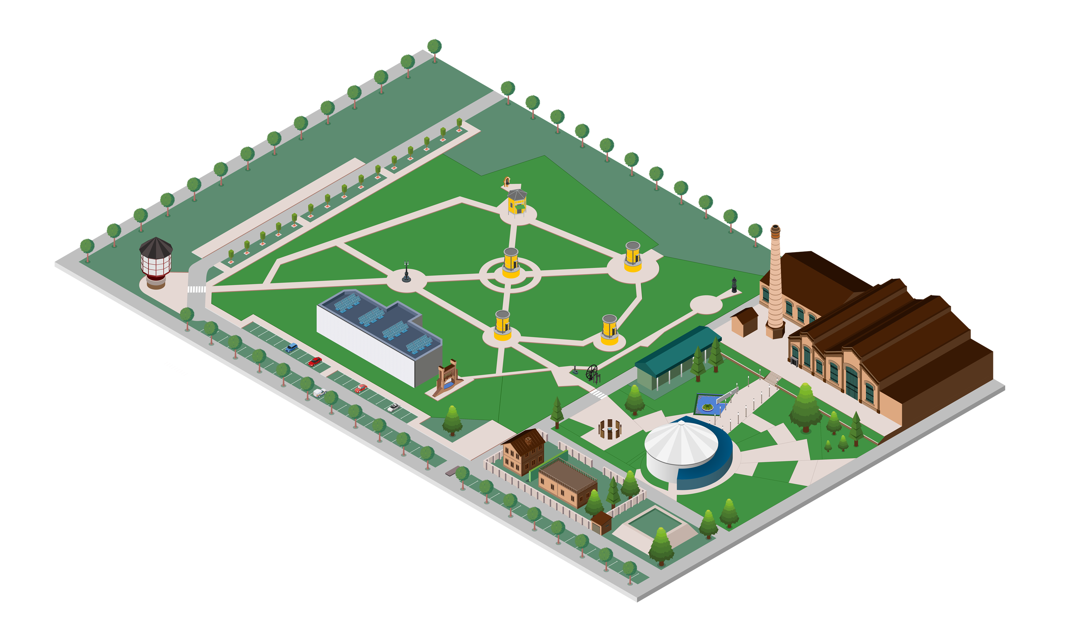 Isometric floor plan of the Museu de les Aigües complex, locating the main building, the chimney, the circular reservoir, and the gardens with the extraction wells.