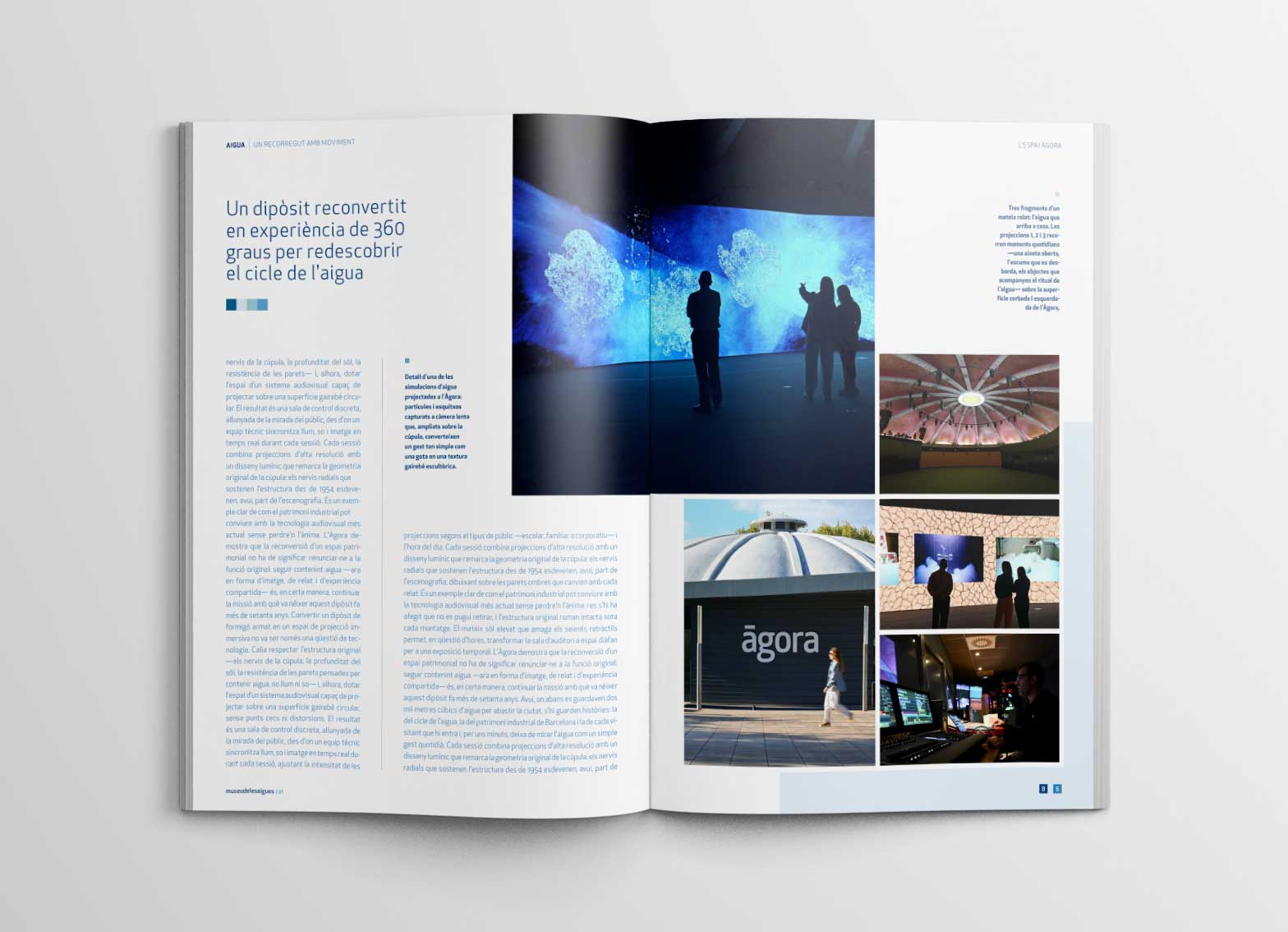 Visitors at the Àgora space in front of an immersive water projection, with a grid of detail images of the space.
