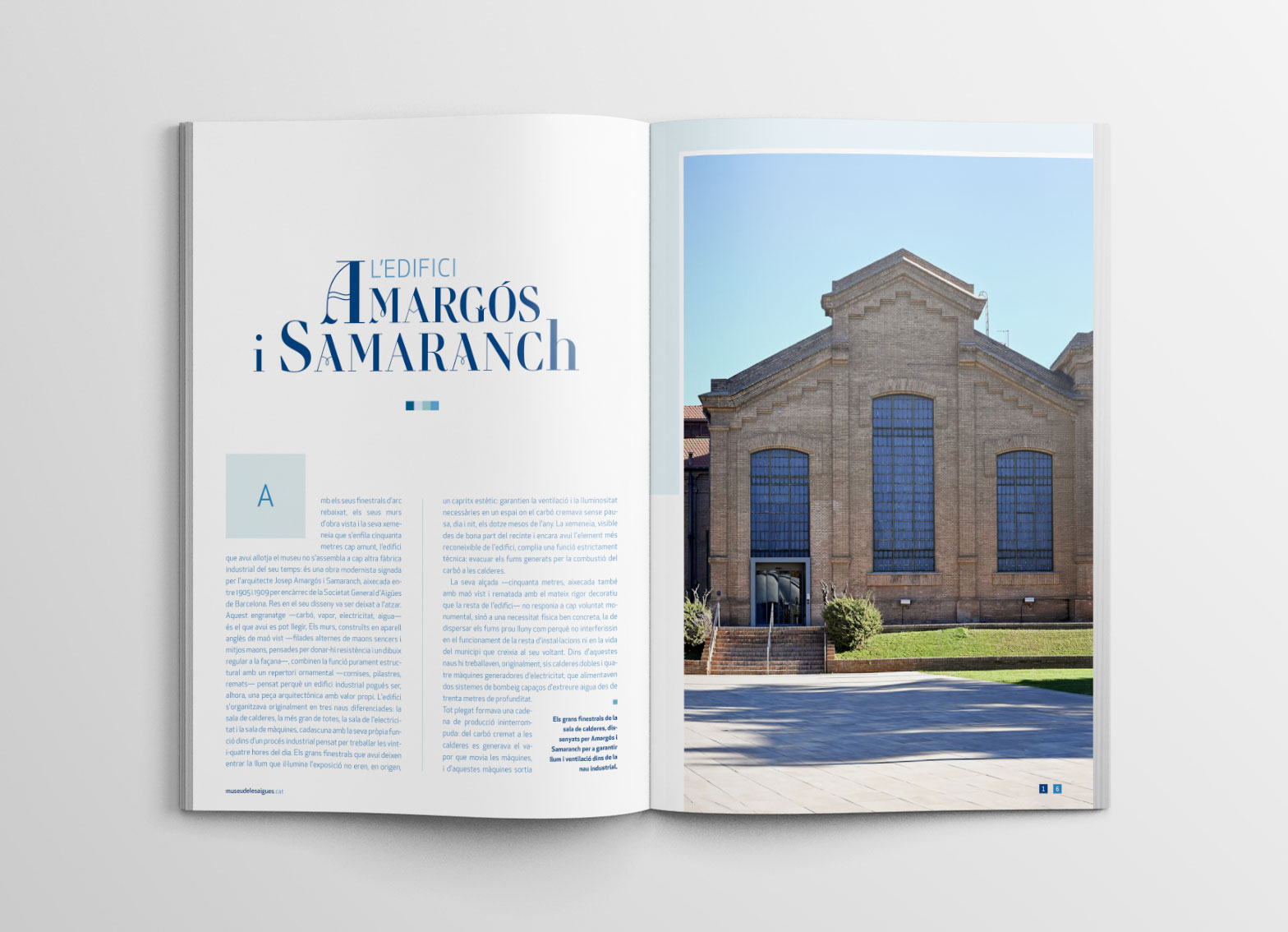 Double-page spread on the Amargós i Samaranch building: on the left, text about its Modernist architecture; on the right, a photograph of the main exposed-brick façade with its large windows.