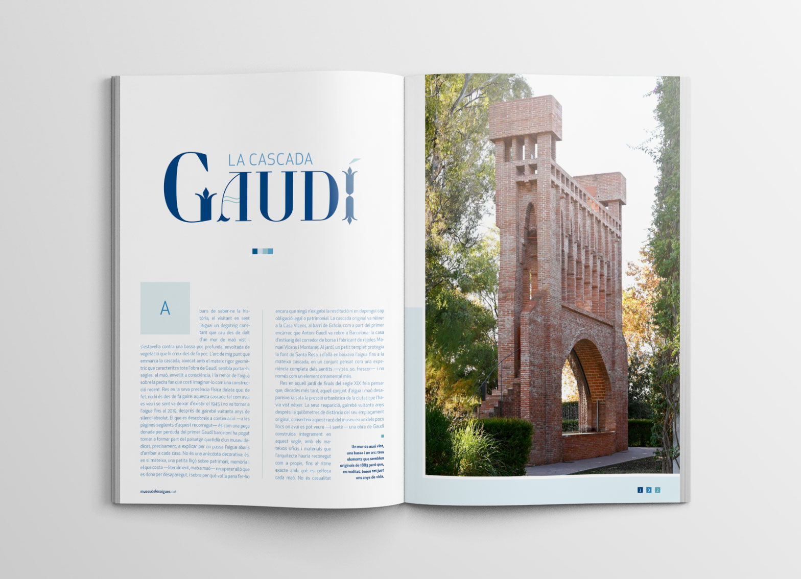 Opening double-page spread of 'La Cascada Gaudí': on the left, typographic headline and three-column introductory text; on the right, a photograph of the exposed-brick tower with the cascade's arch.