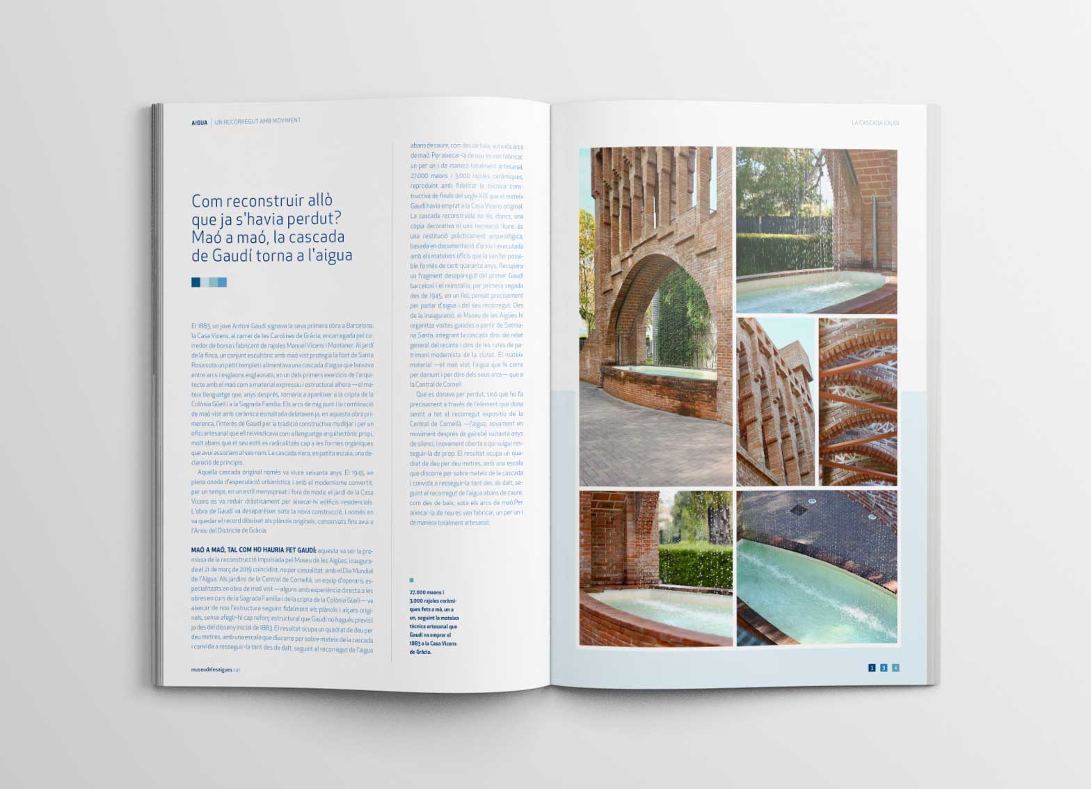 Double-page spread on the Cascada Gaudí: on the left, text about its 2019 reconstruction; on the right, photographs of the exposed-brick arches with water cascading down them.
