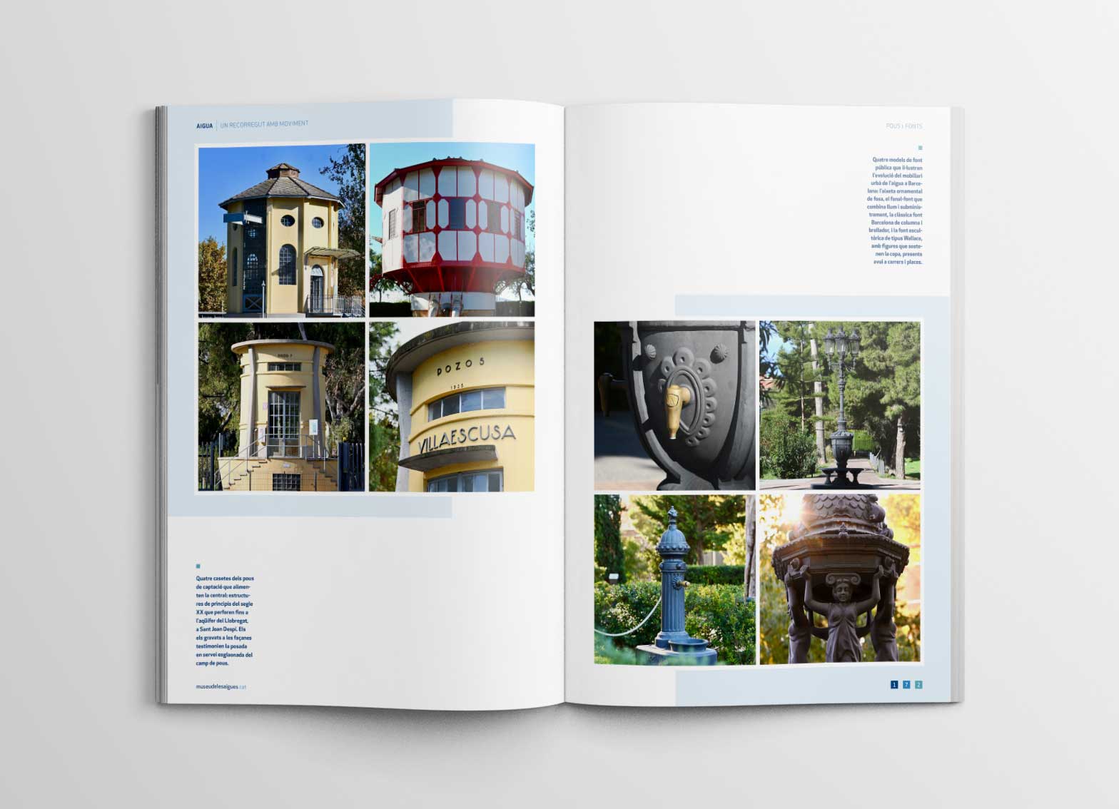 Double-page spread on wells and fountains: on the left, a grid of four historic well-house buildings for water catchment; on the right, a grid of four ornamental public fountains in Barcelona.