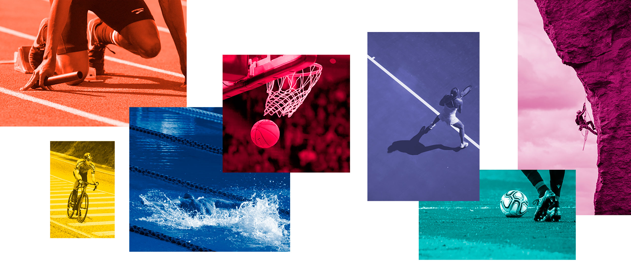 II Setmana de l'Esport Català seven-colour duotone palette applied across seven sports: athletics, cycling, swimming, basketball, tennis, football and rock climbing