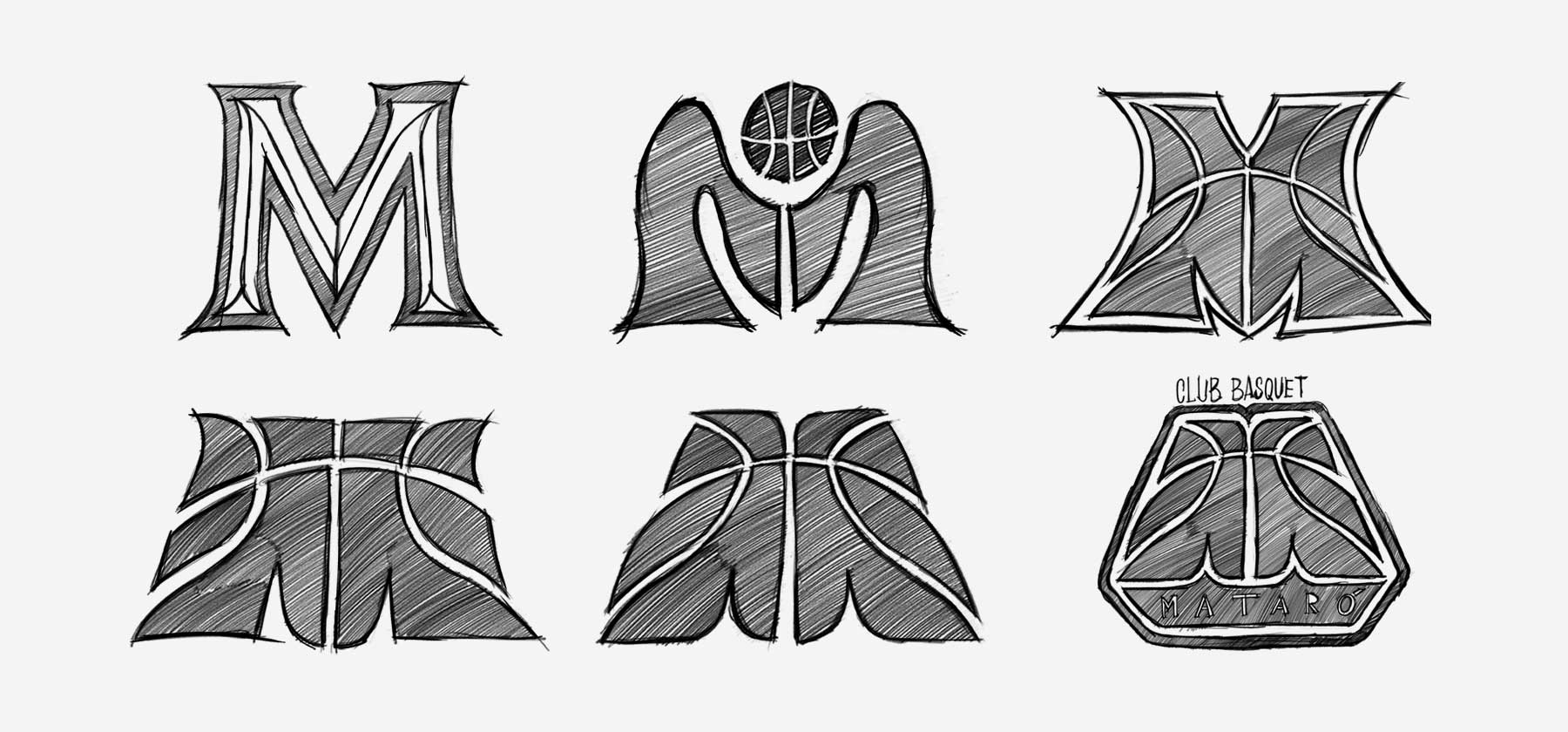 CB Mataró design process sketches: explorations of the letter M and a hexagonal badge featuring the club name.