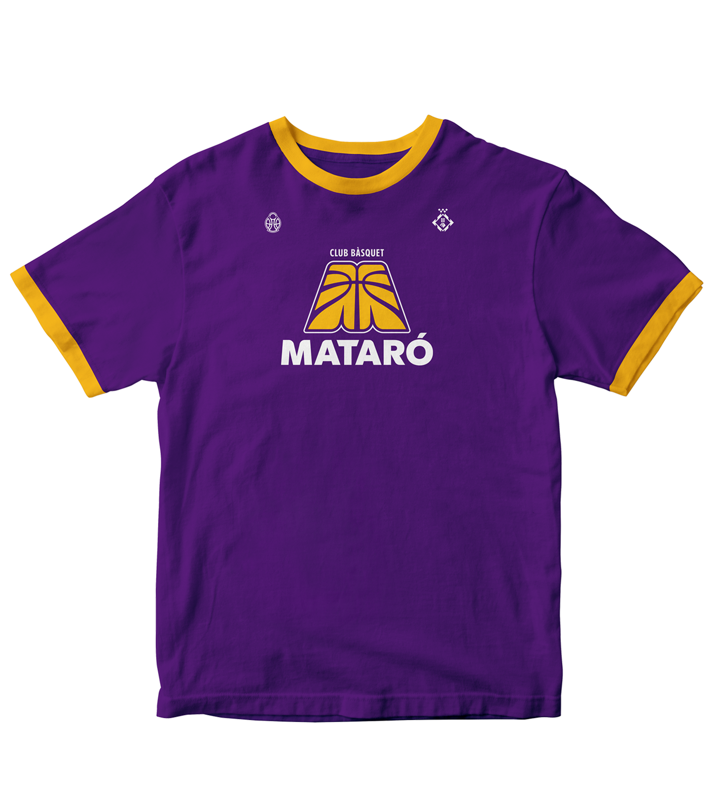 CB Mataró official fan t-shirt in purple with yellow trims, featuring the imagotype and wordmark on the chest.