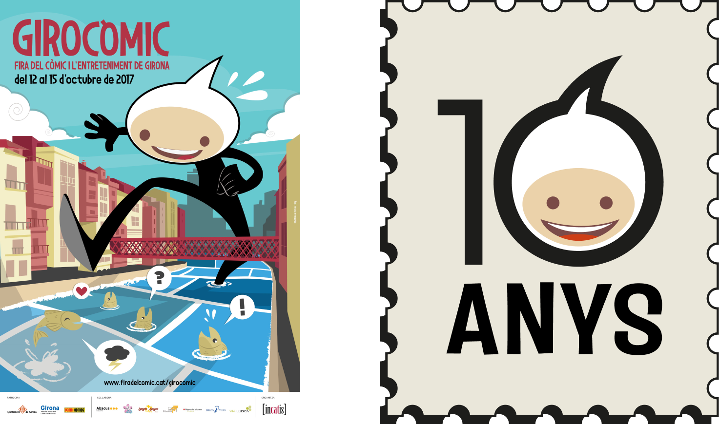 Girocòmic's 2017 official poster and its 10th-anniversary commemorative stamp, both featuring the fair's mascot.