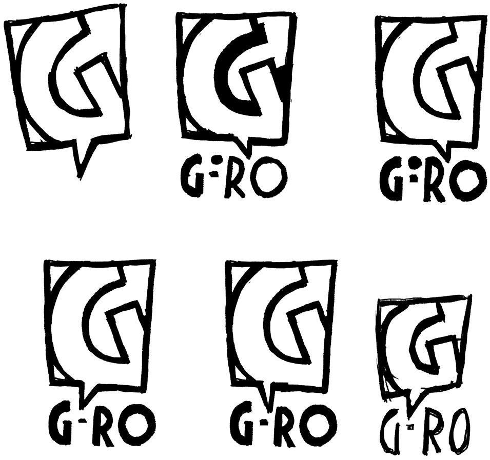 Hand-drawn sketches from the GIRO còmic logotype exploration process.