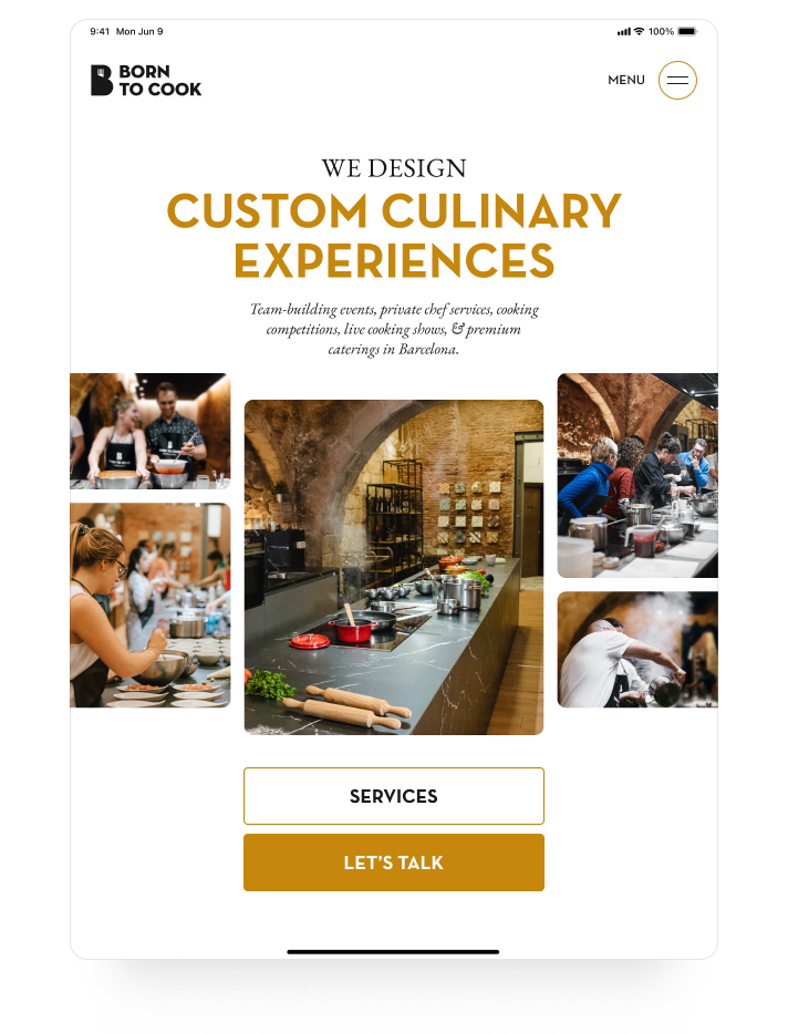 Tablet view of Born To Cook Barcelona homepage, displaying responsive layout with clear navigation and immersive cooking experience visuals.