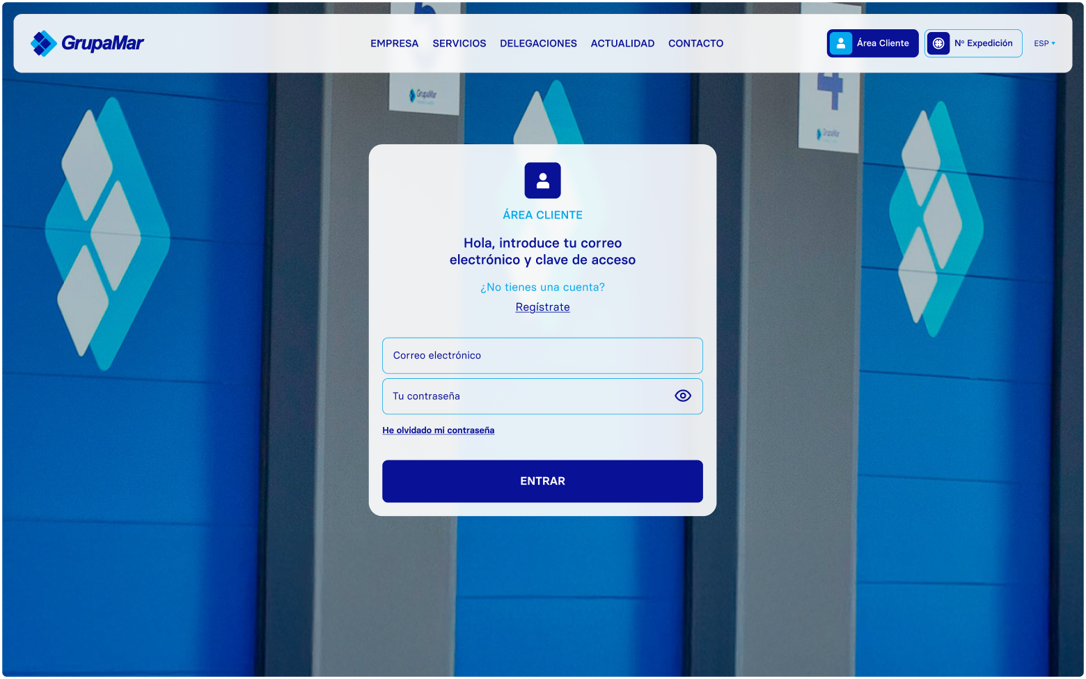 Client portal login interface for GrupaMar’s B2B customers with secure access to shipment data