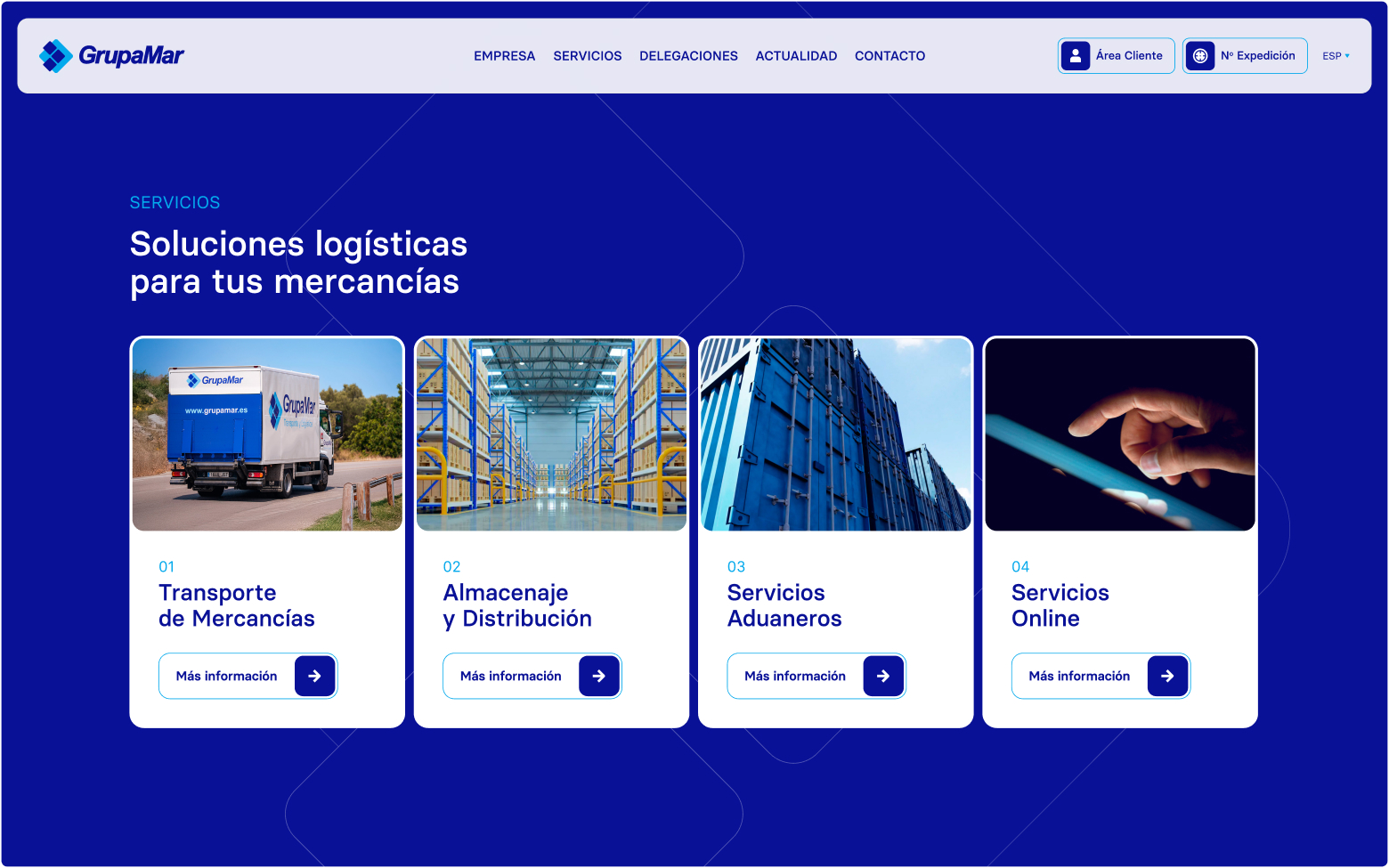 Homepage section highlighting GrupaMar’s four core services: maritime transport, warehousing, customs, and digital tools