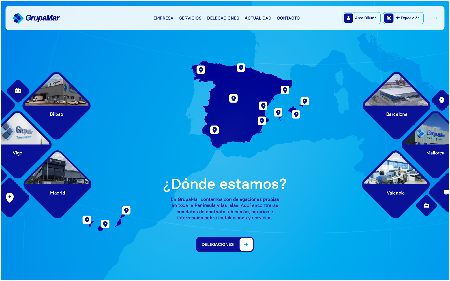 Delegations section on GrupaMar’s homepage with map and links to local offices in mainland Spain, Balearic and Canary Islands