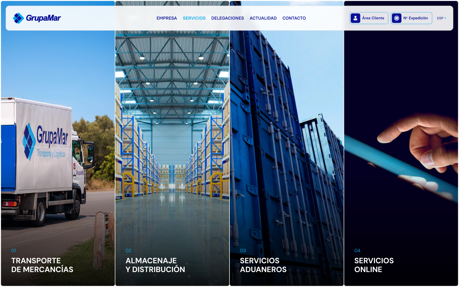 Services overview page listing GrupaMar’s integrated maritime logistics solutions for businesses